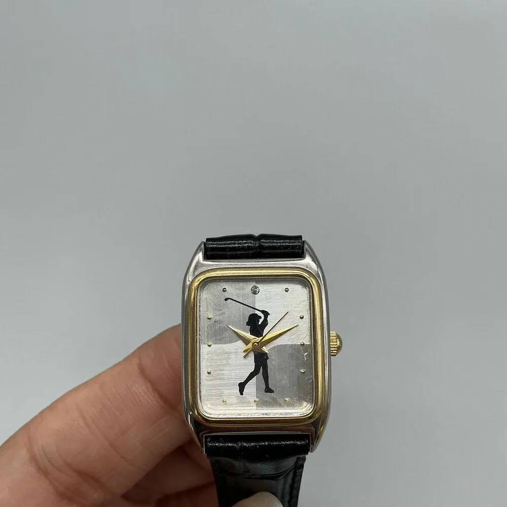 Golf Women Watch 21mm Silver Dial Black Leather Two Tone Rectangular New Battery